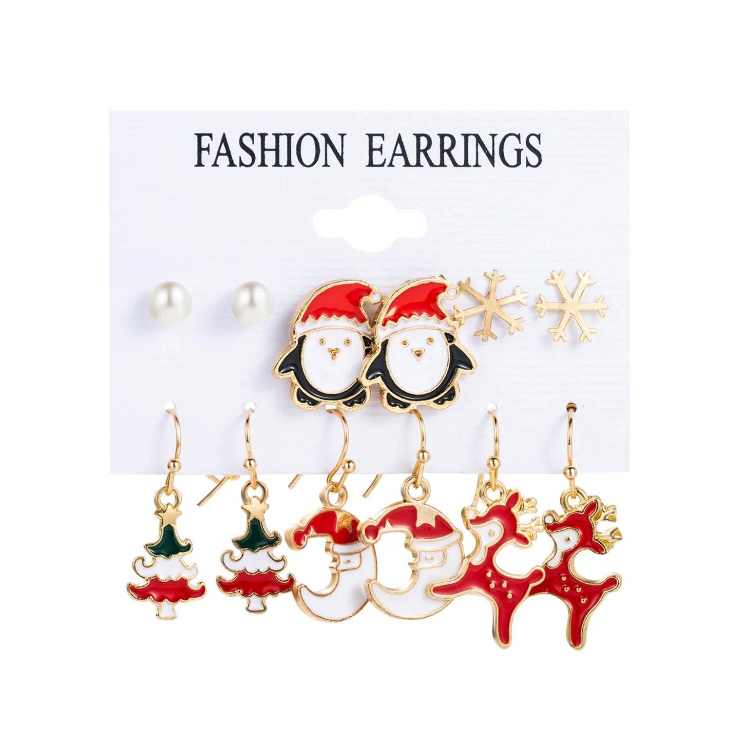 6pcs Women's Christmas Stud Earring Set Elk Christmas Tree Snowman Moon Decoration Hoop Earrings  Pierced Ear Jewelry Gift