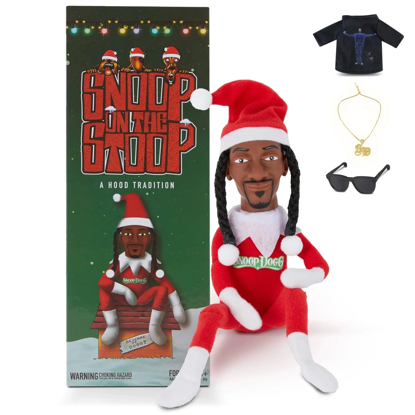 New Snoop Dogg 'Snoop on a Stoop' Christmas Elf Doll 12” Plush Toys Shelf Decor Includes Elf Toy Tshirt Sunglasses and Necklace