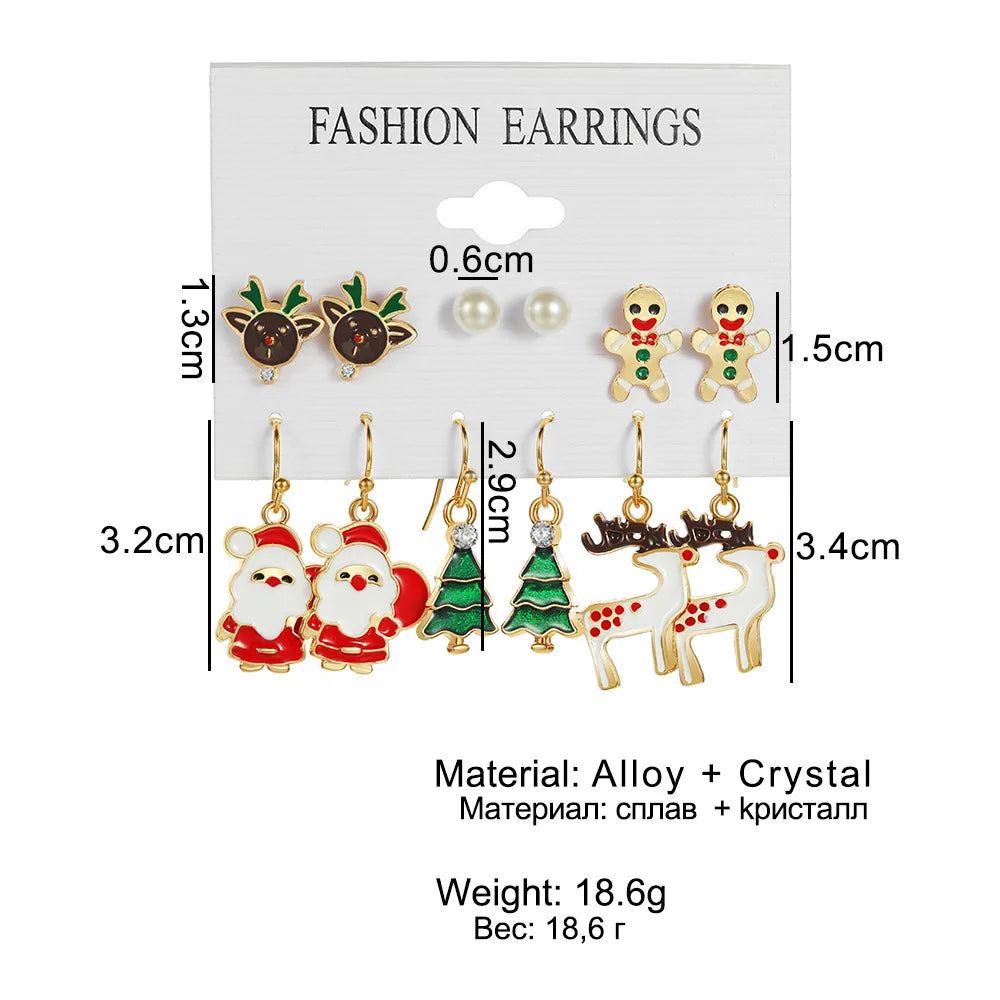 6pcs Women's Christmas Stud Earring Set Elk Christmas Tree Snowman Moon Decoration Hoop Earrings  Pierced Ear Jewelry Gift