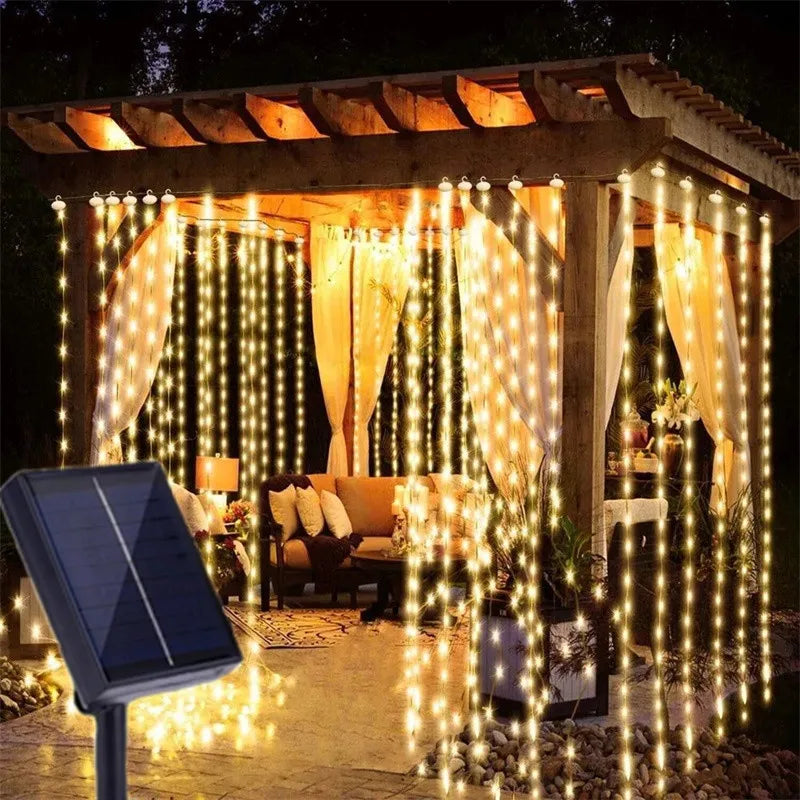 Solar Curtain LED 6M/3M String Lights Outdoor Garland Holiday Lighting Decor Christmas Garden Pavilion Wedding Party Fairy Light