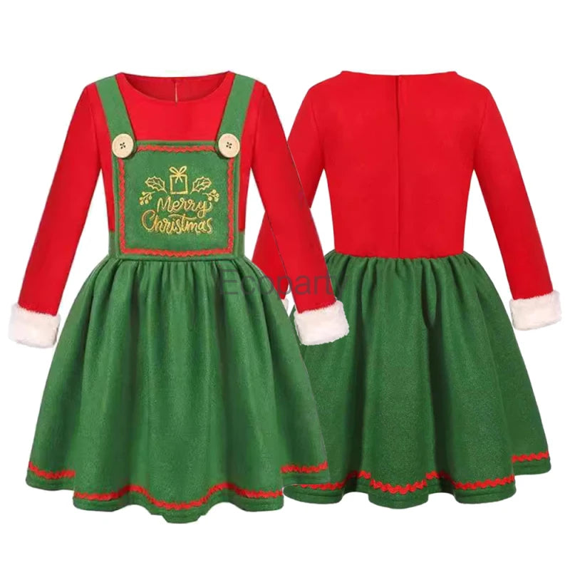 Kids Christmas Santa Claus Costume For Girls Green Elf Dresses Party New Year Fancy Clothes