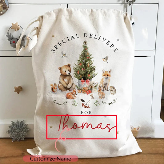 Personalised Woodland animals Santa sack Christmas stocking Merry Xmas eve Decoration family Children kid gift Present Toy Bag