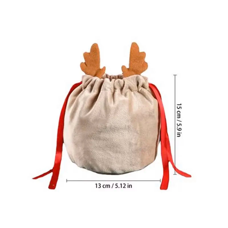 10PCS Christmas Reindeer Candy Gift Bag Velvet Santa Sacks Drawstring Gift Bags Christmas Decoration Kids New Year Party Gift