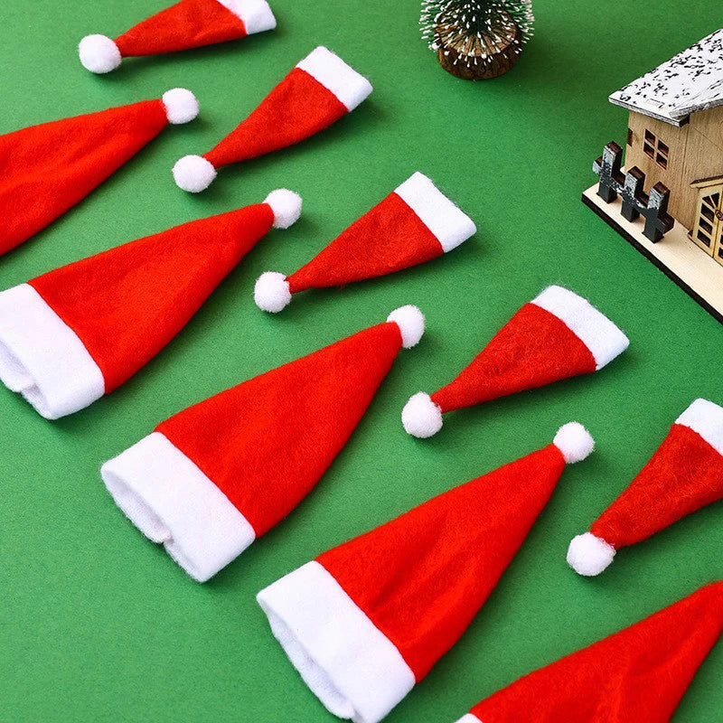 10Pcs Christmas Hats Mini Santa Claus Hat Lollipop Caps Wine Bottle Covers For Xmas Dinner Decoration, New Year Party Supplies