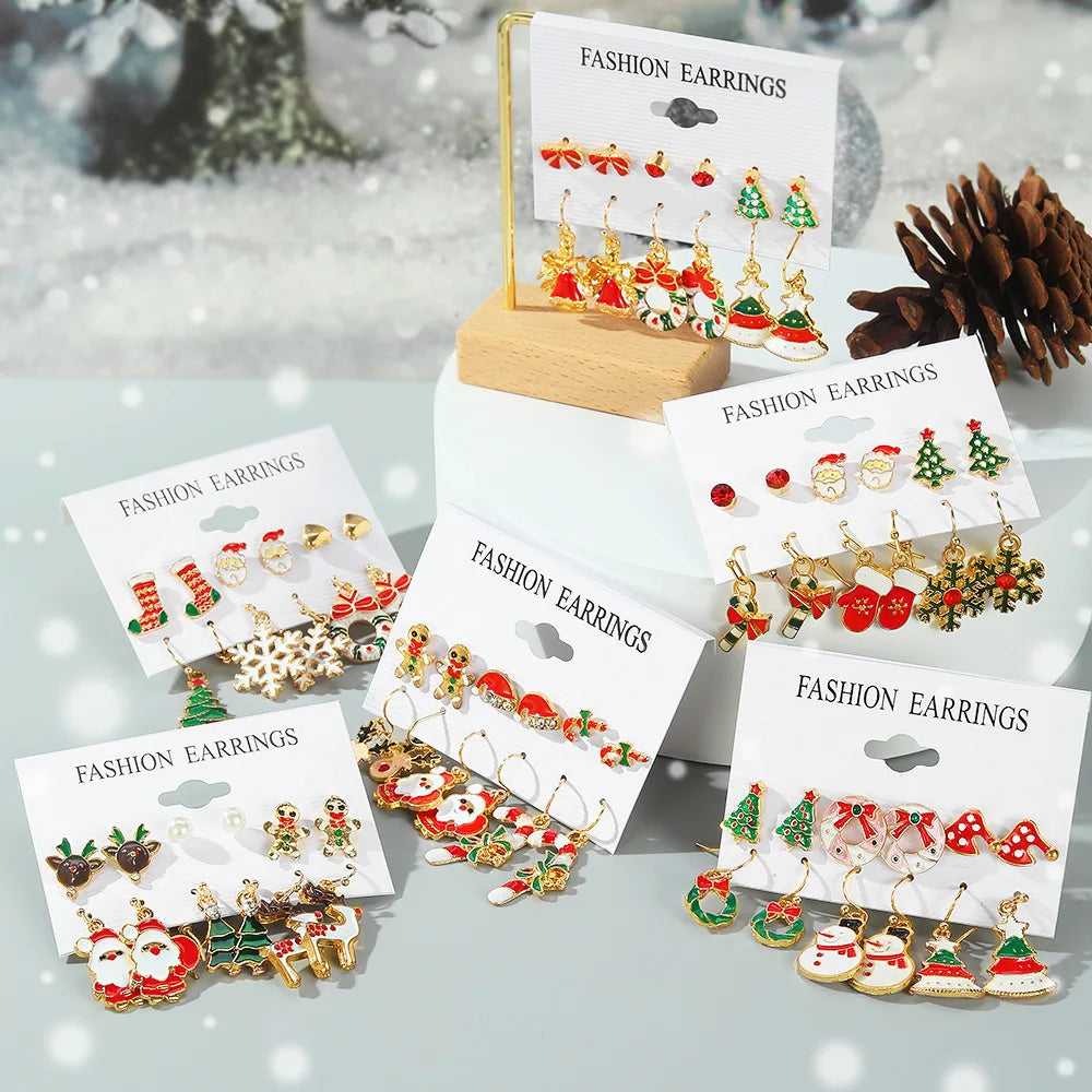 6pcs Women's Christmas Stud Earring Set Elk Christmas Tree Snowman Moon Decoration Hoop Earrings  Pierced Ear Jewelry Gift