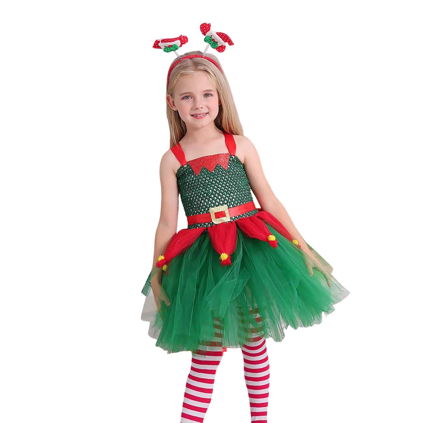 Girls Christmas Elf Costume - Xmas Play Fancy Dress-up