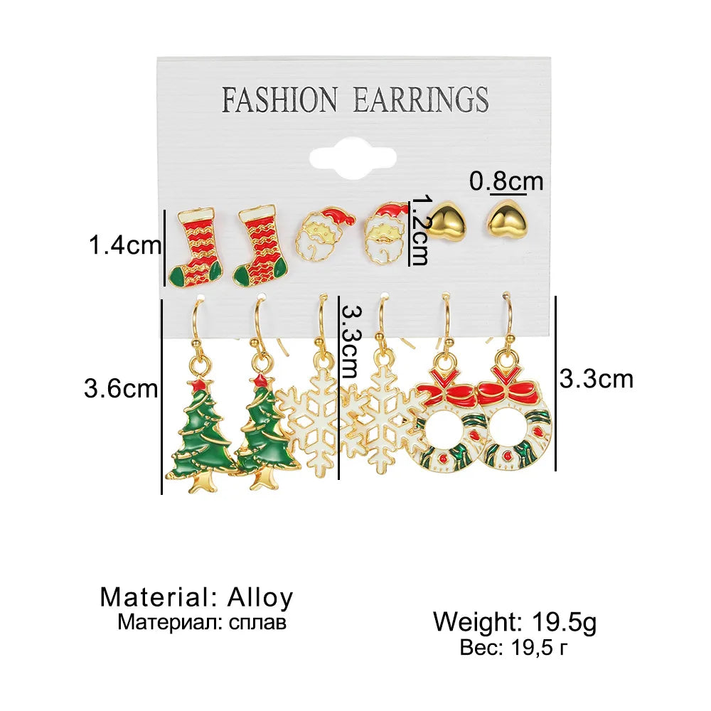 6pcs Women's Christmas Stud Earring Set Elk Christmas Tree Snowman Moon Decoration Hoop Earrings  Pierced Ear Jewelry Gift