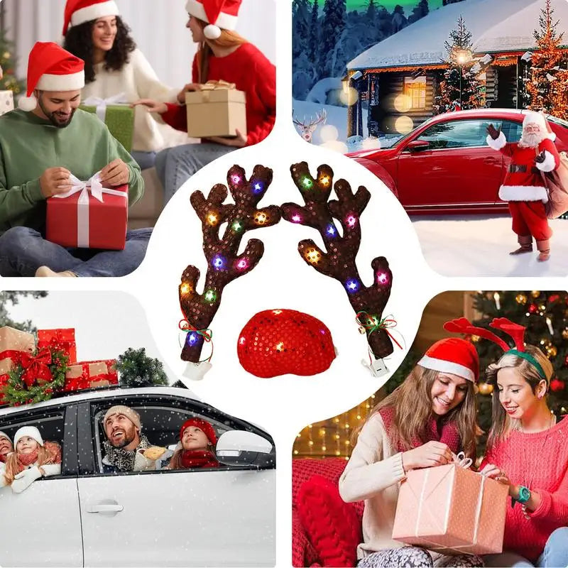 Christmas Car Reindeer Antlers Kit Light Up Christmas Reindeer Antlers Car Kit Festive Decorative Accessories Car Reindeer