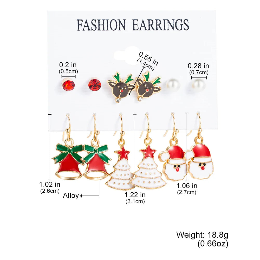 6pcs Women's Christmas Stud Earring Set Elk Christmas Tree Snowman Moon Decoration Hoop Earrings  Pierced Ear Jewelry Gift