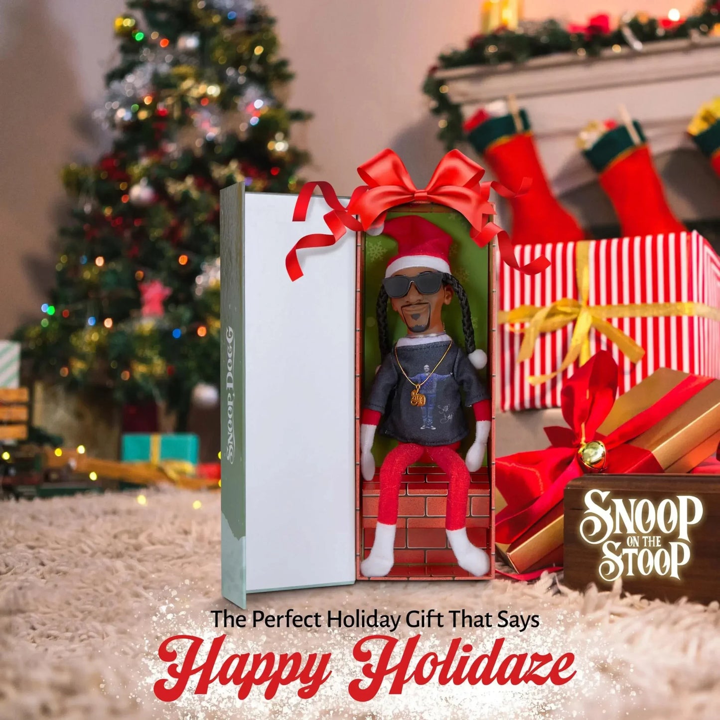 New Snoop Dogg 'Snoop on a Stoop' Christmas Elf Doll 12” Plush Toys Shelf Decor Includes Elf Toy Tshirt Sunglasses and Necklace