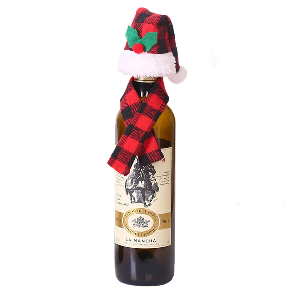 1 Set Christmas Bottle Hat Scarf Champagne Winebottle Cover for Xmas Dinner Table Wedding Birthday Party Decoration