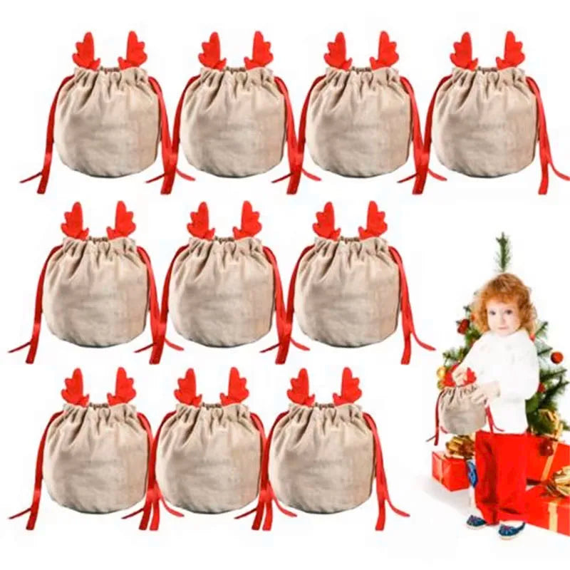 10PCS Christmas Reindeer Candy Gift Bag Velvet Santa Sacks Drawstring Gift Bags Christmas Decoration Kids New Year Party Gift