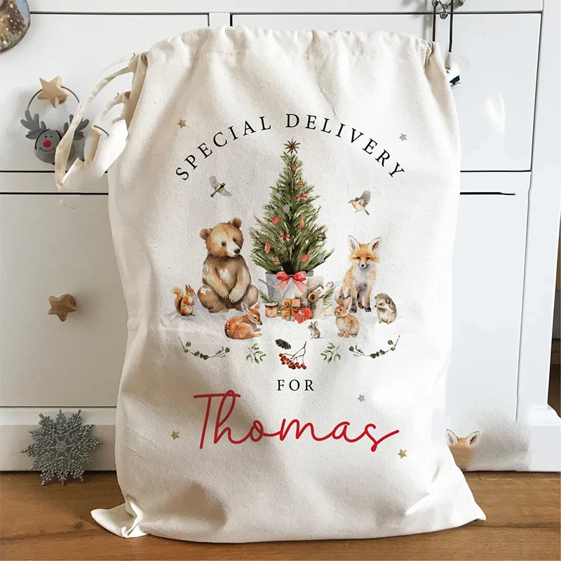 Personalised Woodland animals Santa sack Christmas stocking Merry Xmas eve Decoration family Children kid gift Present Toy Bag