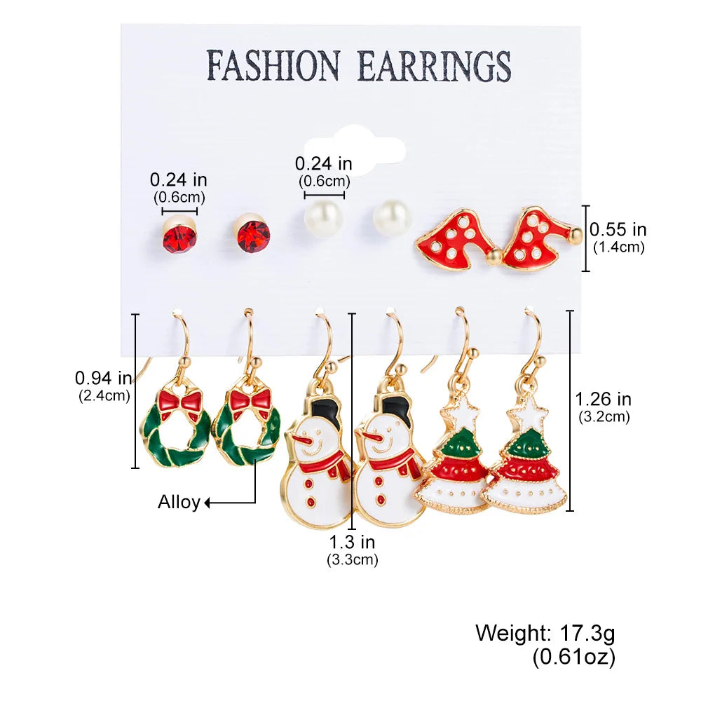 6pcs Women's Christmas Stud Earring Set Elk Christmas Tree Snowman Moon Decoration Hoop Earrings  Pierced Ear Jewelry Gift