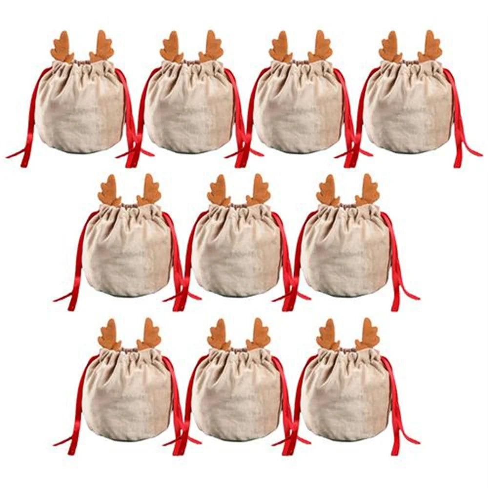 10PCS Christmas Reindeer Candy Gift Bag Velvet Santa Sacks Drawstring Gift Bags Christmas Decoration Kids New Year Party Gift