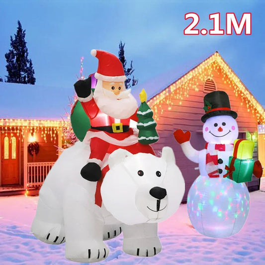 1.8m Christmas Santa Claus Rides Polar Bear And 1.5m Snowman  Inflate Model with LED Lamp Xmas Outdoors Yard Party Garden Decor