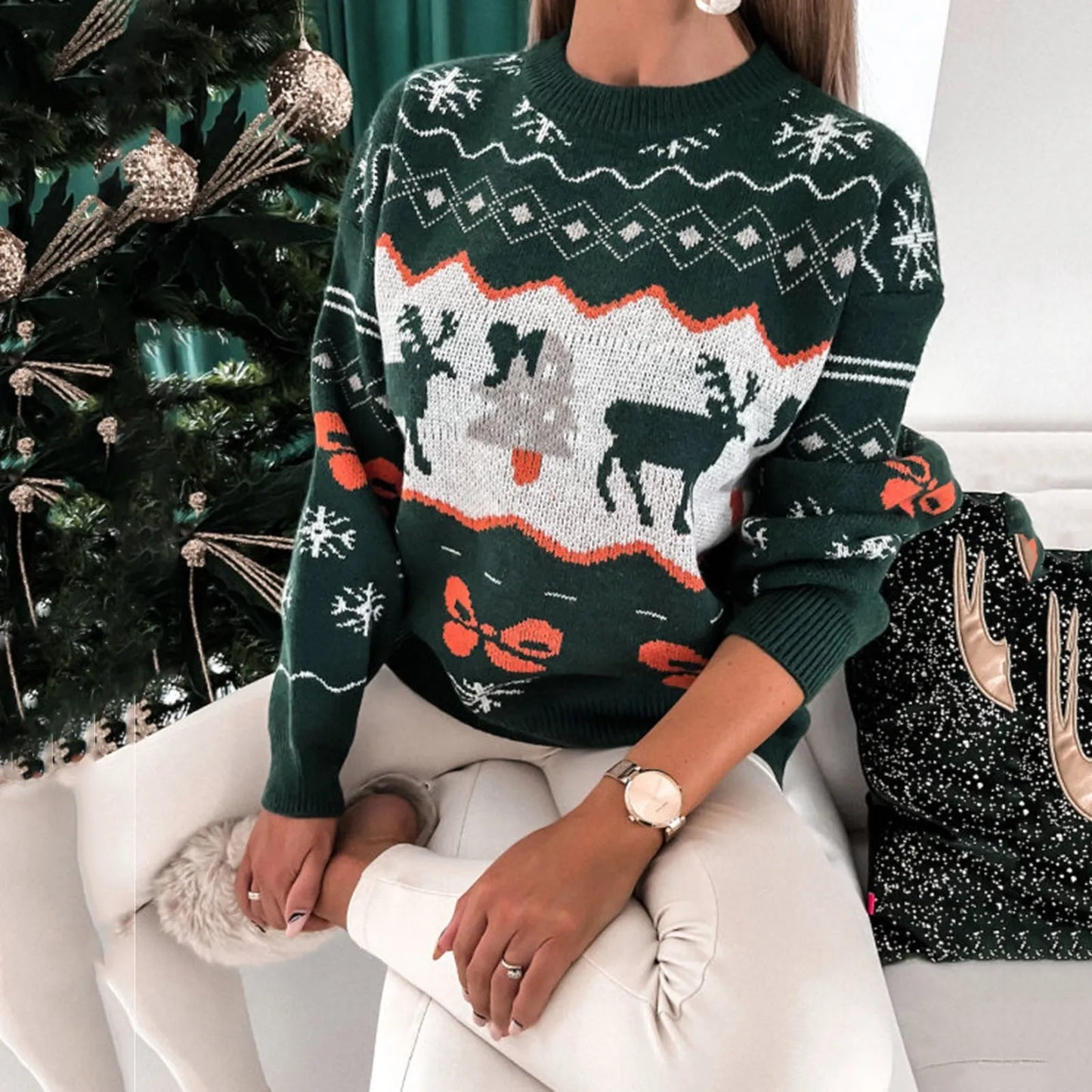 Women's Sweaters - Fun Cute Elk Snowflake Fawn Pattern Knitted Sweaters For Wintertime Holiday