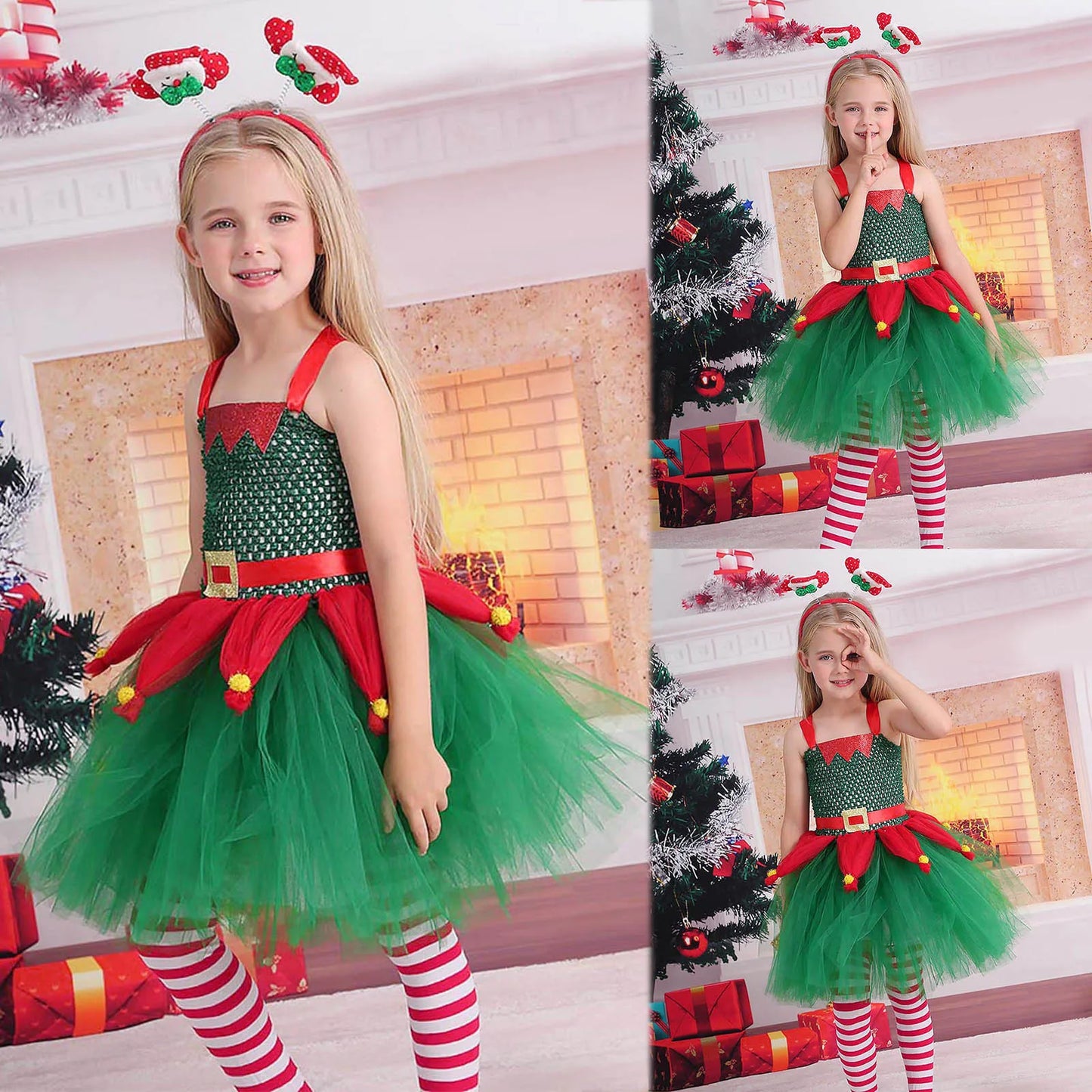 Girls Christmas Elf Costume - Xmas Play Fancy Dress-up