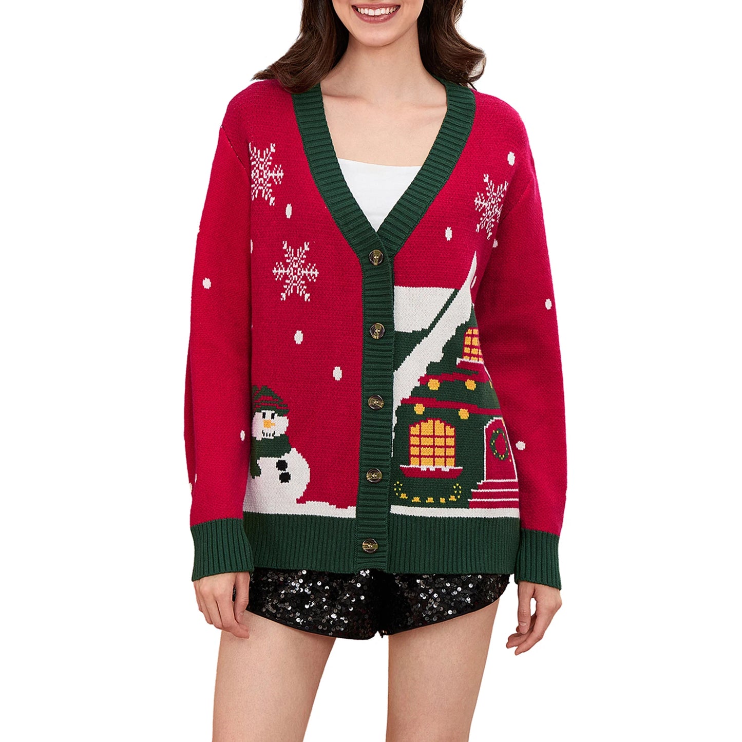 Womens Christmas Cardigan Snowman Snowflake V Neck Button Down Long Sleeve Knit Sweater Holiday Streetwear