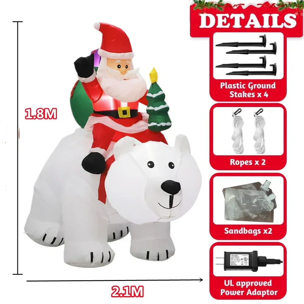 1.8m Christmas Santa Claus Rides Polar Bear And 1.5m Snowman  Inflate Model with LED Lamp Xmas Outdoors Yard Party Garden Decor