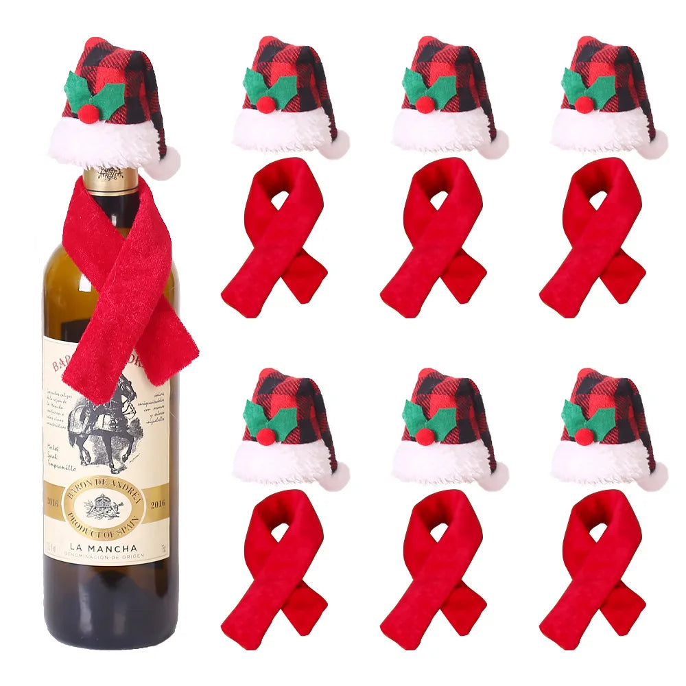 1 Set Christmas Bottle Hat Scarf Champagne Winebottle Cover for Xmas Dinner Table Wedding Birthday Party Decoration