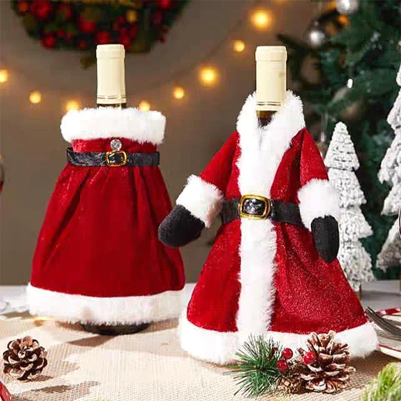 6/1pc Christmas Wine Bottle Cover Red Velvet Dress Clothes Bottles Bags Xmas Dinner Tableware New Year Party Home Decoration