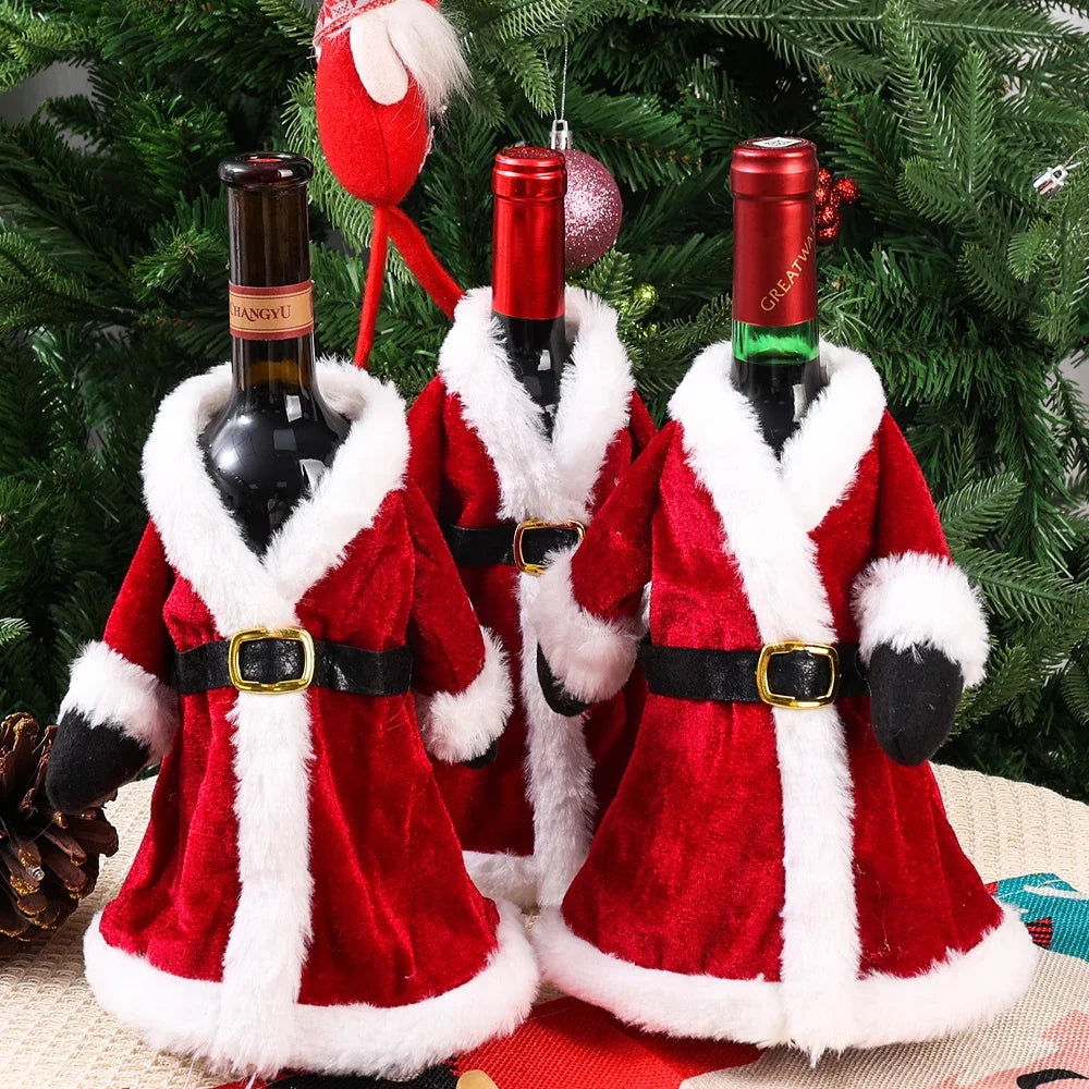 6/1pc Christmas Wine Bottle Cover Red Velvet Dress Clothes Bottles Bags Xmas Dinner Tableware New Year Party Home Decoration