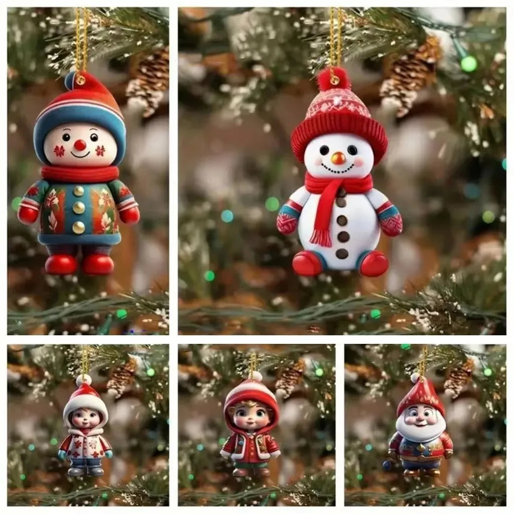 Christmas Flat Acrylic Cartoon Car Hanging Pendants Xmas Santa Claus Snowman Ornaments Merry Christmas Decor Noel Tree Hangings