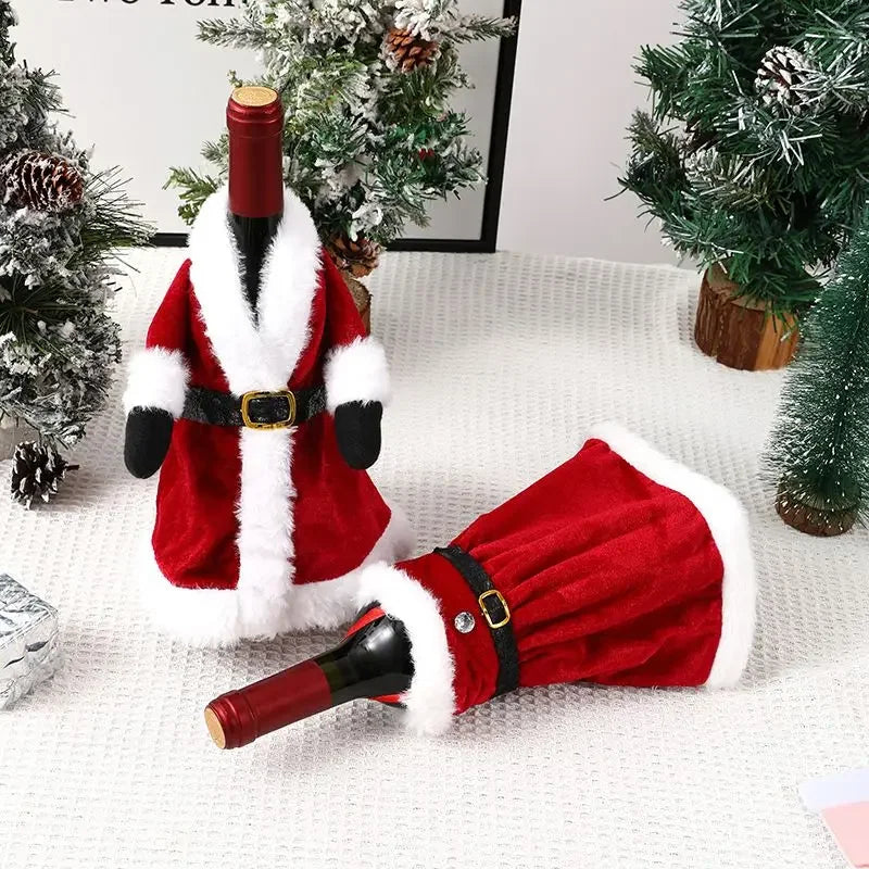 6/1pc Christmas Wine Bottle Cover Red Velvet Dress Clothes Bottles Bags Xmas Dinner Tableware New Year Party Home Decoration