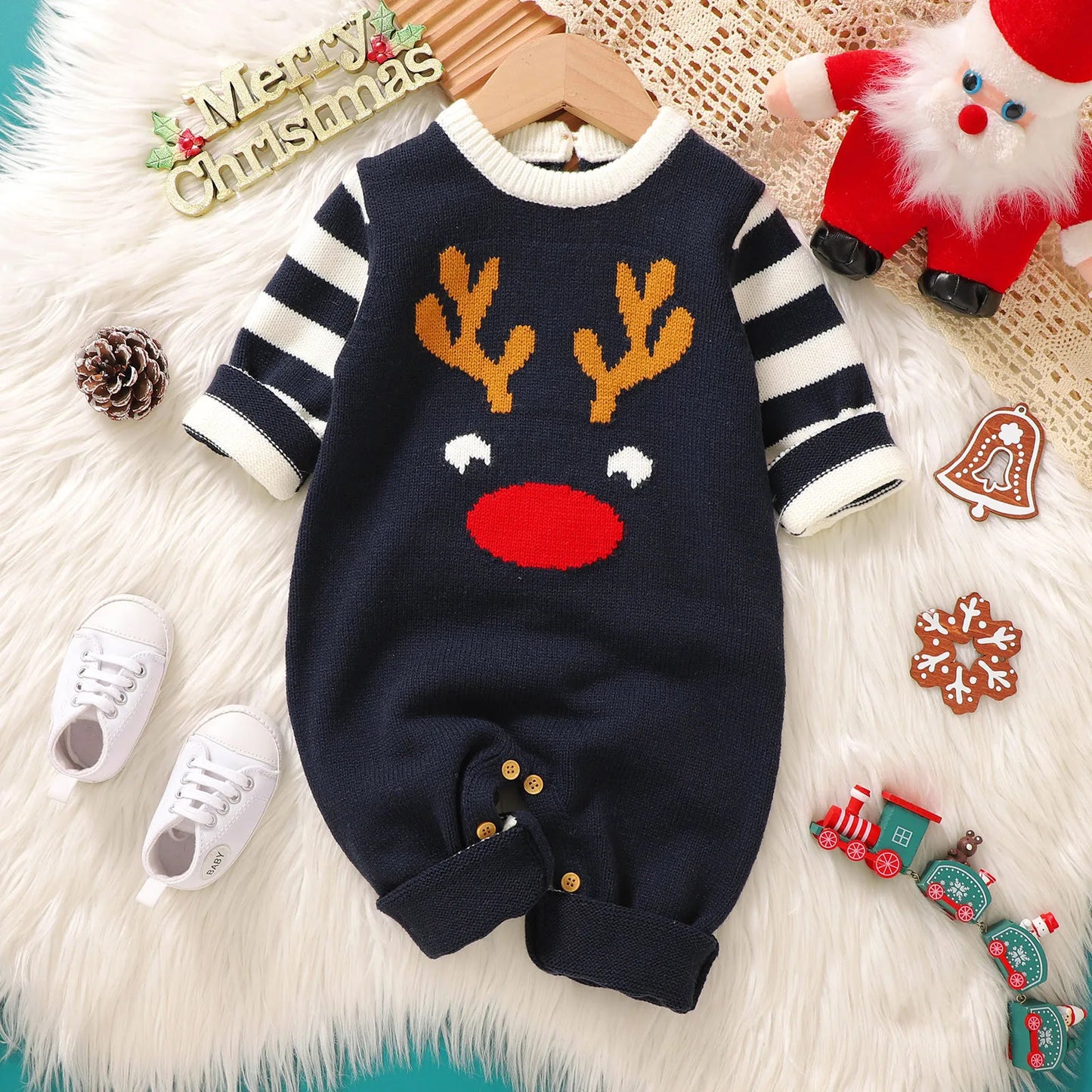 Baby Girls Boys Christmas Knit Romper Elk Pattern Stripe Long Sleeves Round Neck Full Length Jumpsuit Baby Sweater Romper 0-18M