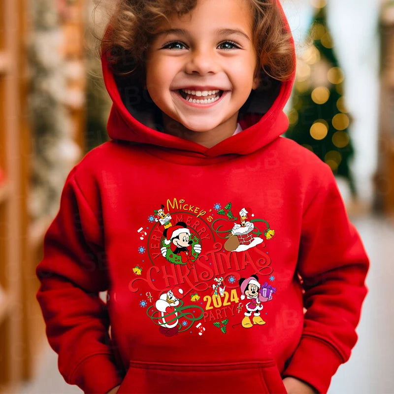 Mickey Christmas 2024 kids hoodie autumn and winter plus velvet sweater holiday gift for boys and girls