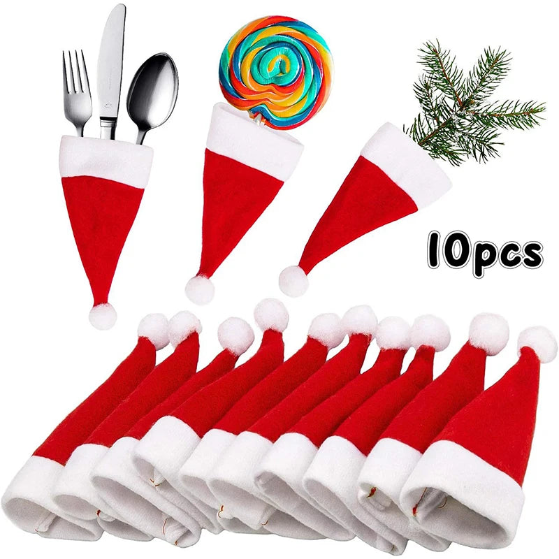 10Pcs Christmas Hats Mini Santa Claus Hat Lollipop Caps Wine Bottle Covers For Xmas Dinner Decoration, New Year Party Supplies