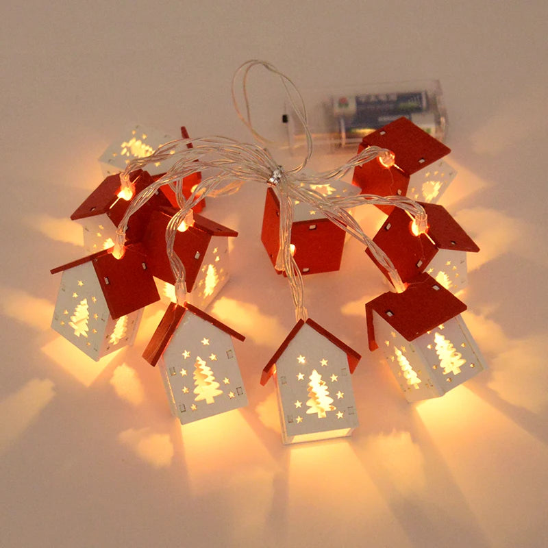 Christmas Wooden House LED String Light Xmas Tree Hanging Ornament 2024 Christmas Decoration For Home Kids New Year Gift Navidad