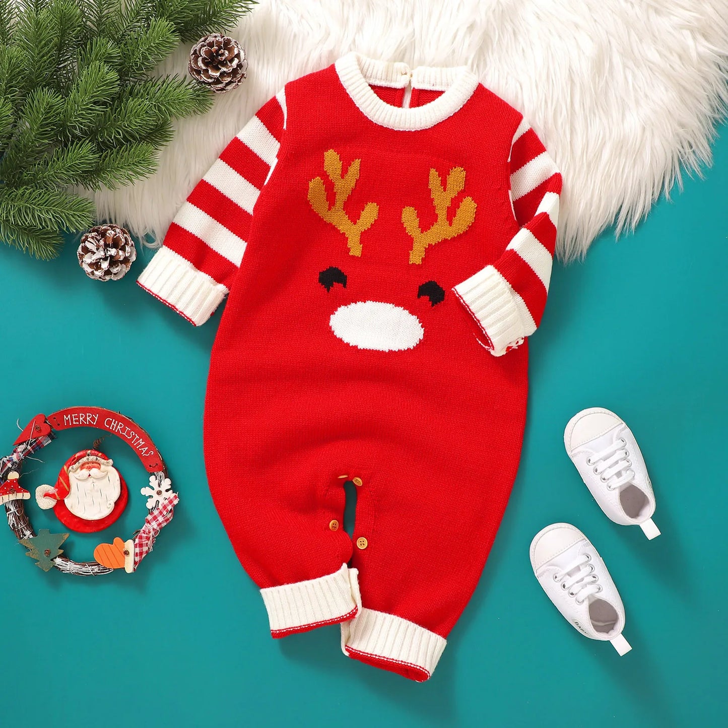 Baby Girls Boys Christmas Knit Romper Elk Pattern Stripe Long Sleeves Round Neck Full Length Jumpsuit Baby Sweater Romper 0-18M