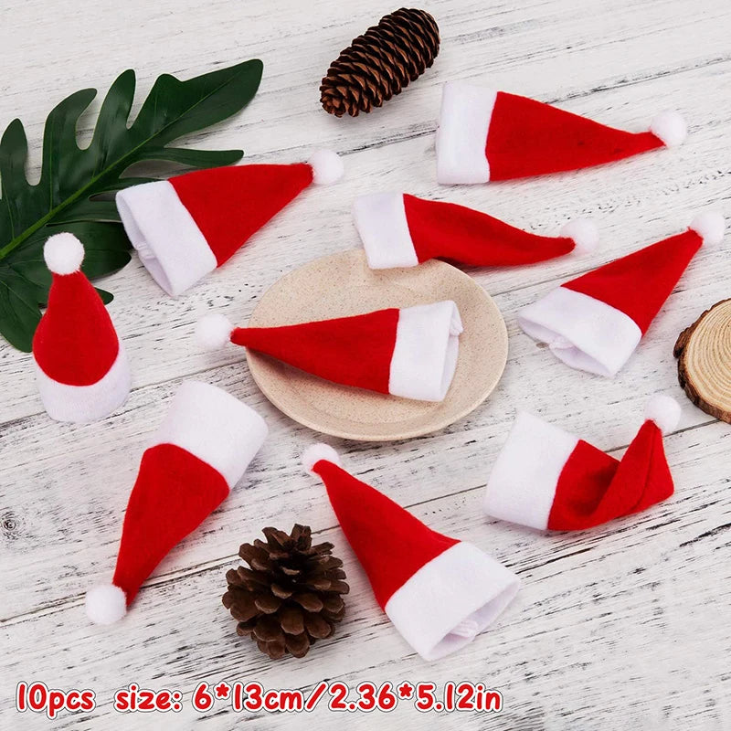 10Pcs Christmas Hats Mini Santa Claus Hat Lollipop Caps Wine Bottle Covers For Xmas Dinner Decoration, New Year Party Supplies