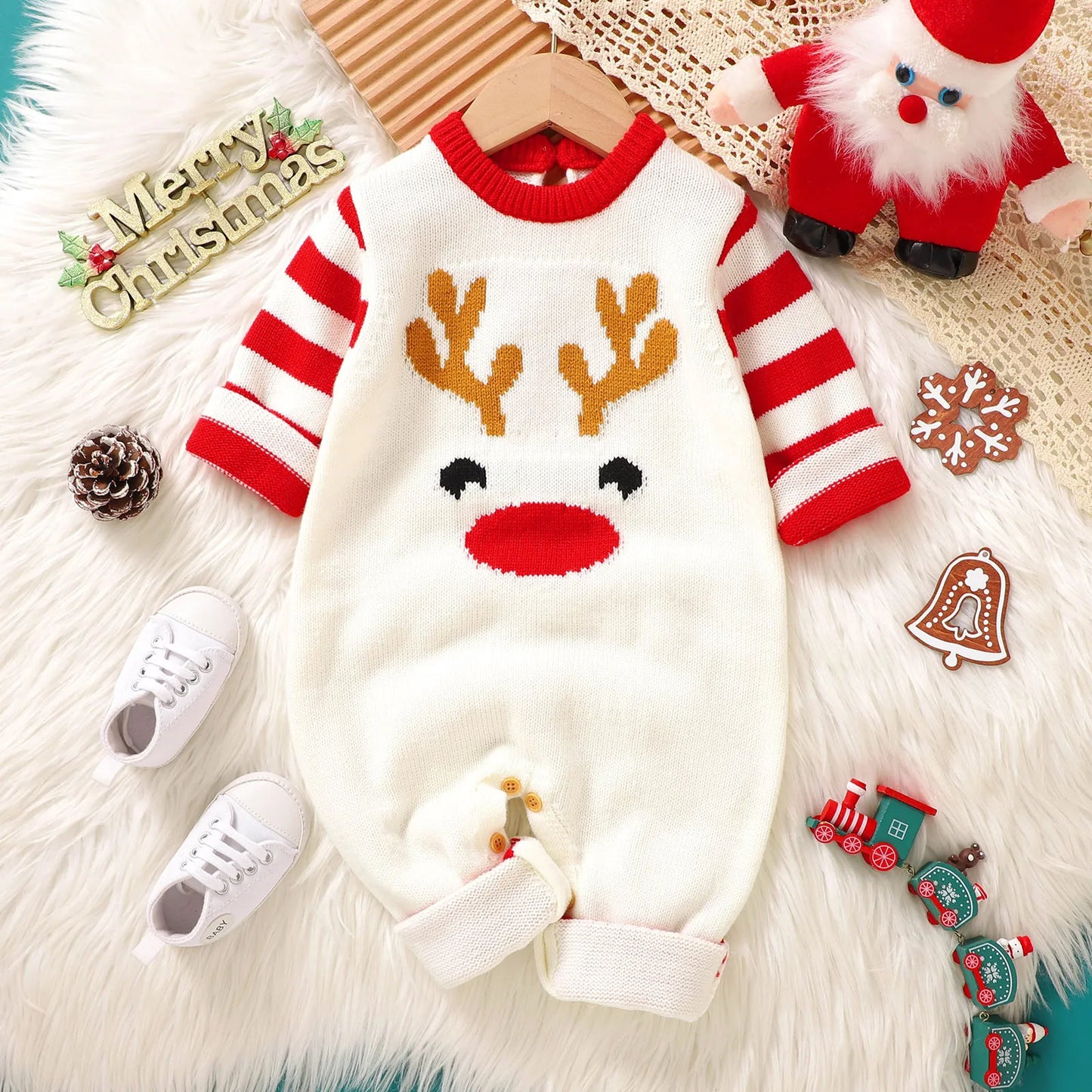 Baby Girls Boys Christmas Knit Romper Elk Pattern Stripe Long Sleeves Round Neck Full Length Jumpsuit Baby Sweater Romper 0-18M