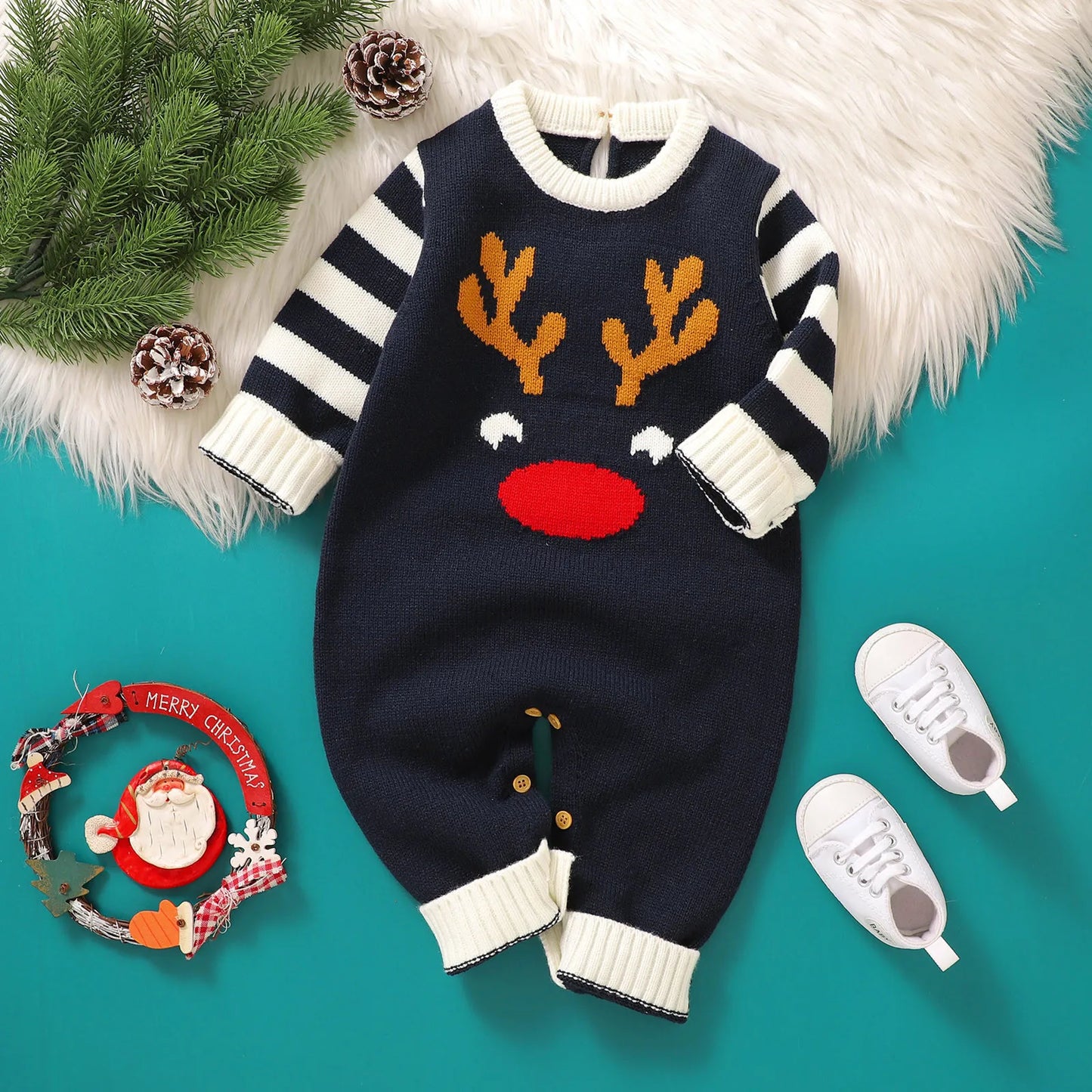 Baby Girls Boys Christmas Knit Romper Elk Pattern Stripe Long Sleeves Round Neck Full Length Jumpsuit Baby Sweater Romper 0-18M