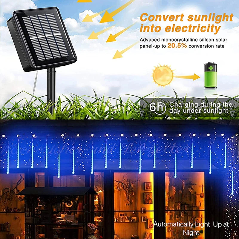 Solar Meteor Shower Rain String Lights Waterproof Garden Light 8 Tubes Christmas Tree Holiday Party Wedding Holiday Decoration