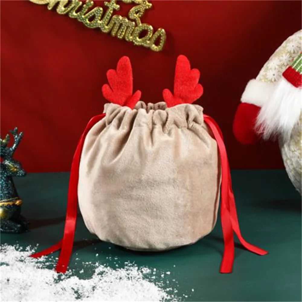 10PCS Christmas Reindeer Candy Gift Bag Velvet Santa Sacks Drawstring Gift Bags Christmas Decoration Kids New Year Party Gift