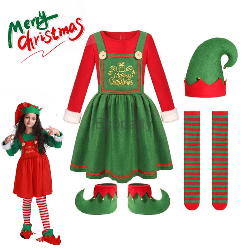 Kids Christmas Santa Claus Costume For Girls Green Elf Dresses Party New Year Fancy Clothes