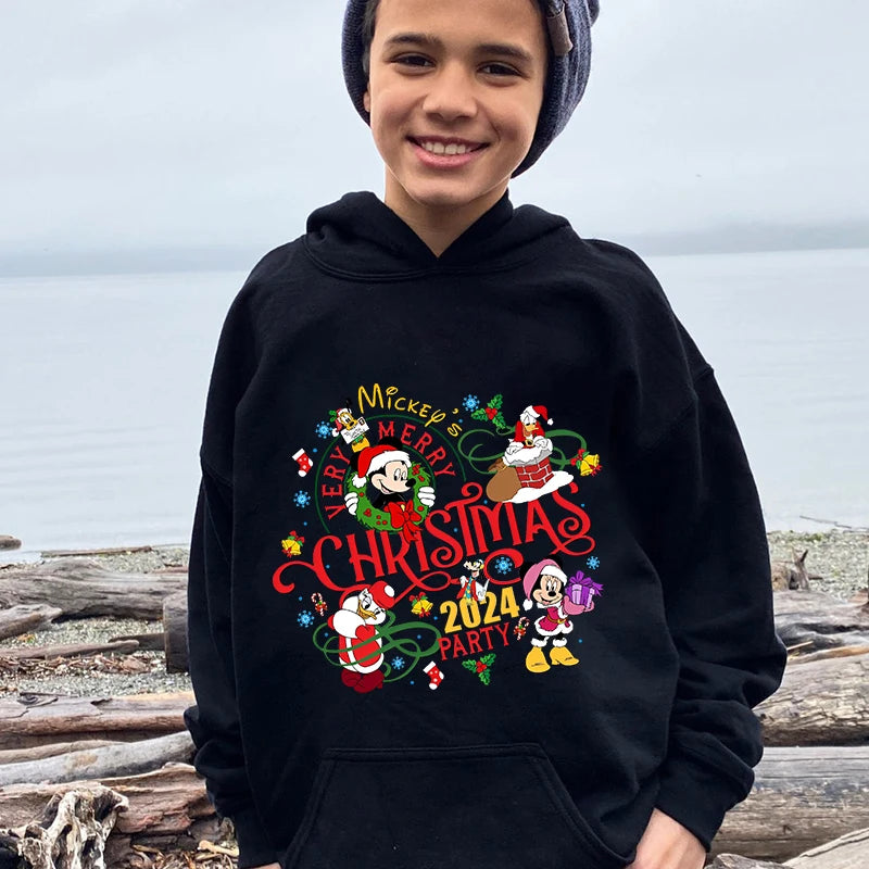 Mickey Christmas 2024 kids hoodie autumn and winter plus velvet sweater holiday gift for boys and girls