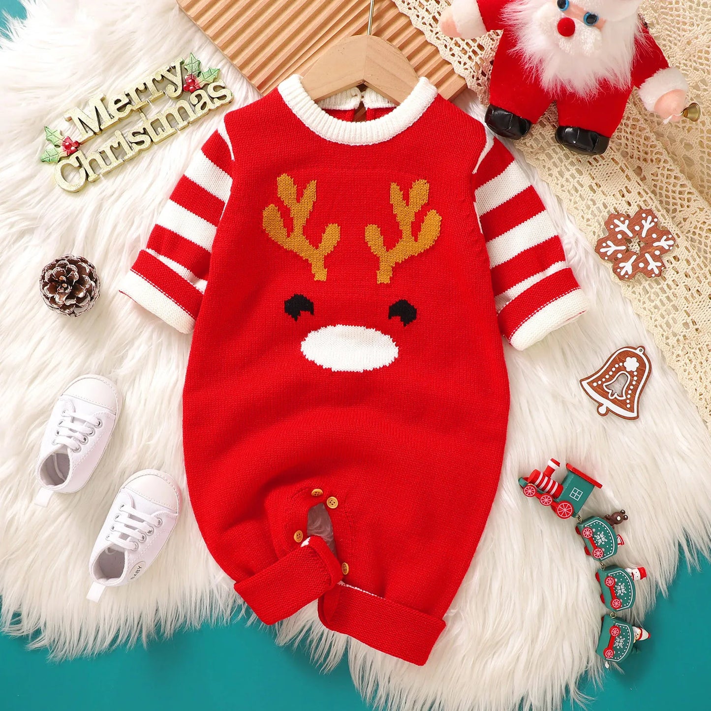 Baby Girls Boys Christmas Knit Romper Elk Pattern Stripe Long Sleeves Round Neck Full Length Jumpsuit Baby Sweater Romper 0-18M