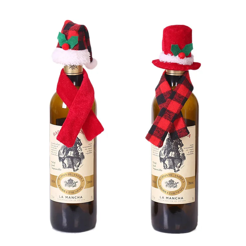 1 Set Christmas Bottle Hat Scarf Champagne Winebottle Cover for Xmas Dinner Table Wedding Birthday Party Decoration