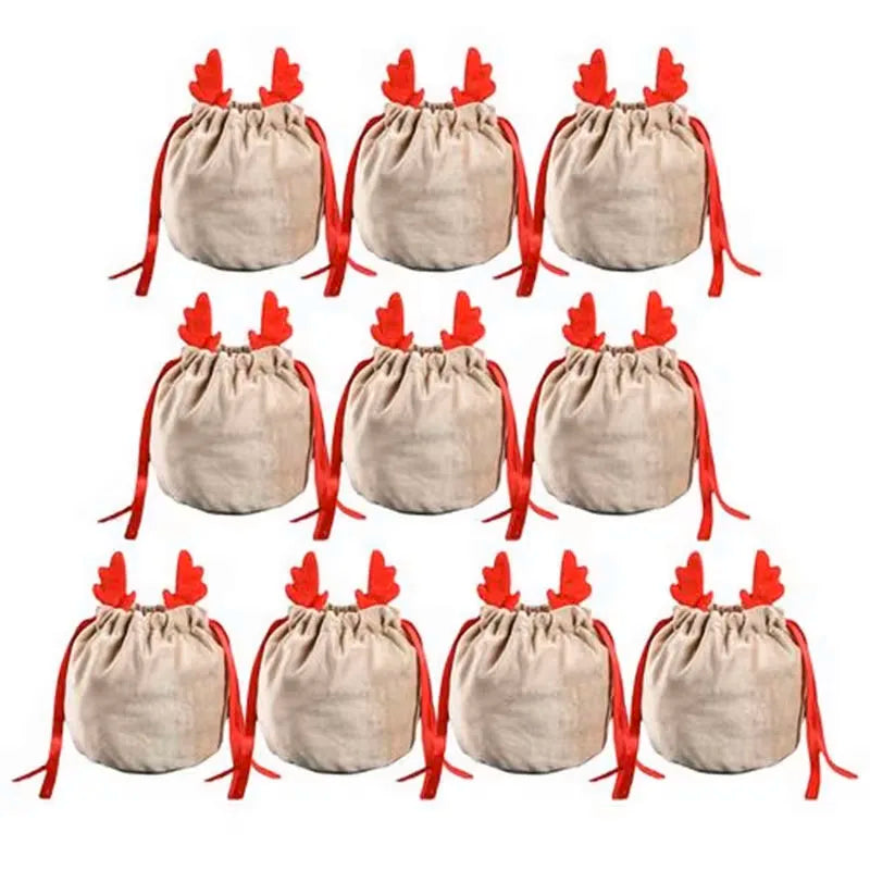 10PCS Christmas Reindeer Candy Gift Bag Velvet Santa Sacks Drawstring Gift Bags Christmas Decoration Kids New Year Party Gift