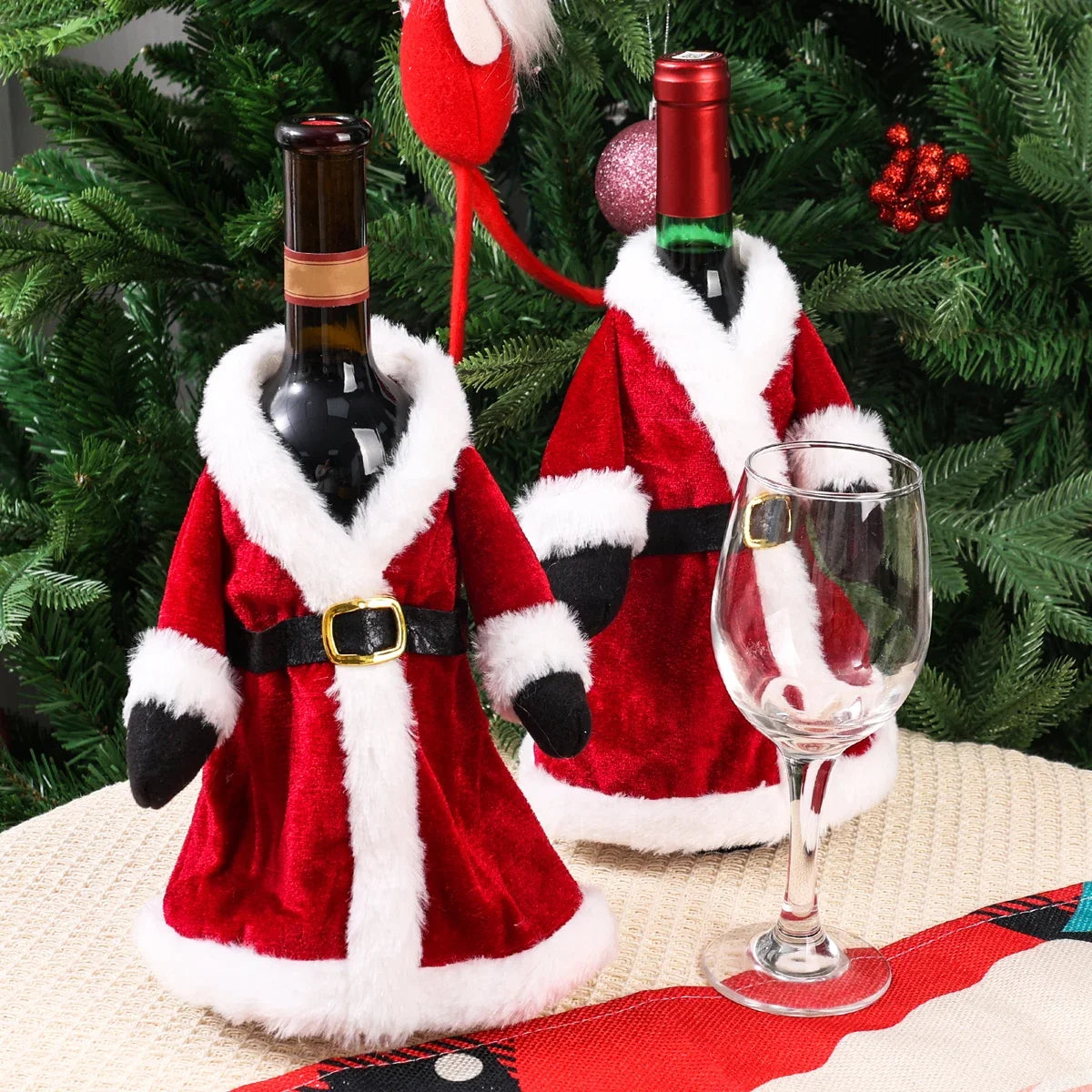 6/1pc Christmas Wine Bottle Cover Red Velvet Dress Clothes Bottles Bags Xmas Dinner Tableware New Year Party Home Decoration