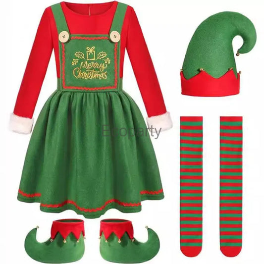 Kids Christmas Santa Claus Costume For Girls Green Elf Dresses Party New Year Fancy Clothes