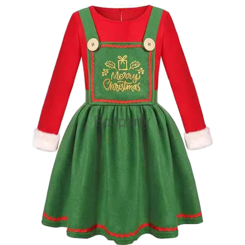 Kids Christmas Santa Claus Costume For Girls Green Elf Dresses Party New Year Fancy Clothes