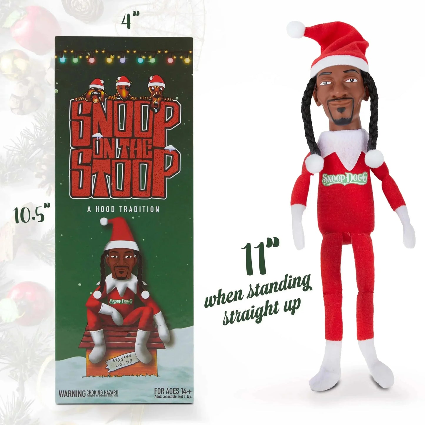 New Snoop Dogg 'Snoop on a Stoop' Christmas Elf Doll 12” Plush Toys Shelf Decor Includes Elf Toy Tshirt Sunglasses and Necklace