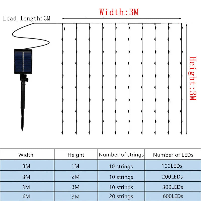 Solar Curtain LED 6M/3M String Lights Outdoor Garland Holiday Lighting Decor Christmas Garden Pavilion Wedding Party Fairy Light